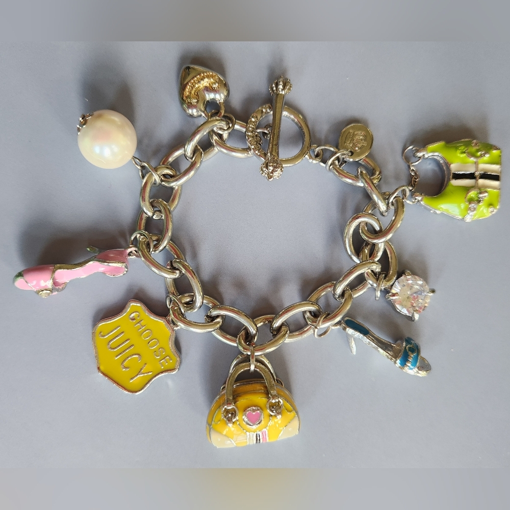 Juicy Couture Silver Tone 8 Charms Bracelet with Yellow and Pink Accents 2008 - Picture 3 of 17